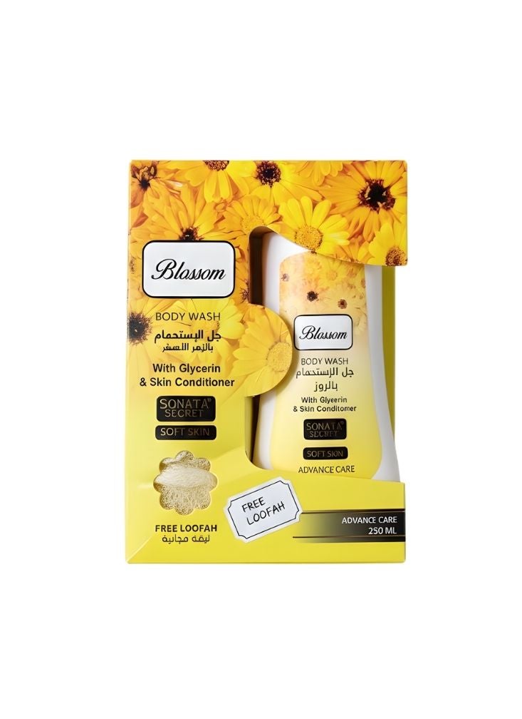 Blossom Glycerin Body Wash Gift Set with Free Loofah – Moisturizing Shower Gel for Soft Skin, Yellow Floral Pack - Image 1